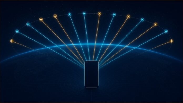 FCC Clears Globalstar's C-3 Satellite System | TSN Illustration of a ring of satellites in low orbit beaming signal lines down to a smartphone.