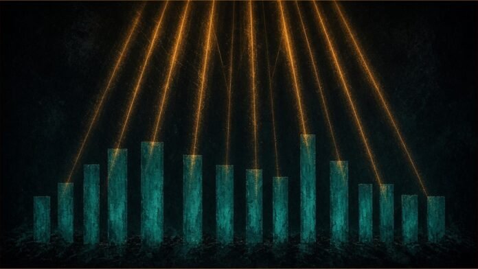 Illustration of amber beams fanning down across a row of teal light bars.
