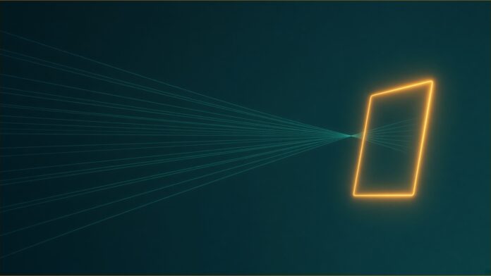 Illustration of FCC test lab rules concept in teal and amber: many thin teal light lines converging from the left to a single point at the edge of a glowing amber rectangular frame, with a few faint lines continuing through it.