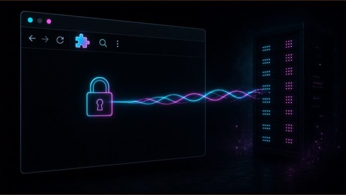 Illustration of a browser window with a padlock leaking a thread of light to a distant server rack