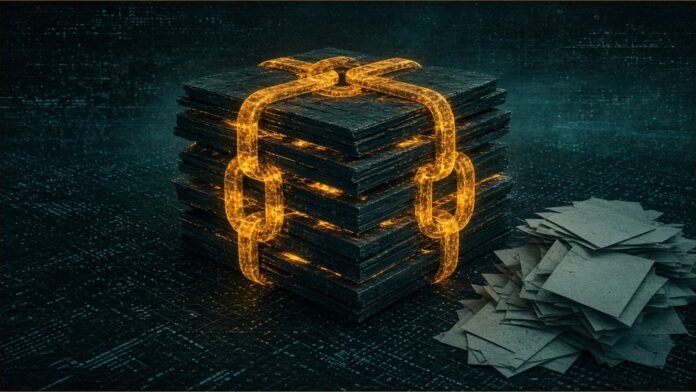 Illustration of a dark stack of slabs sealed by glowing amber chains, with blank sheets piling up beside it.
