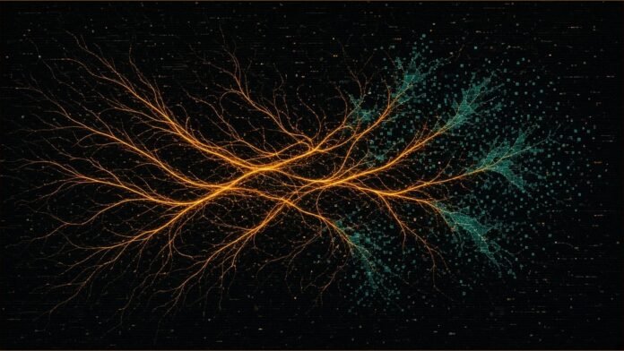 Brain Clears Faulty Neurons Around Birth, Study Says | TSN Illustration of glowing amber branching lines with a few teal branches breaking apart into pixels.