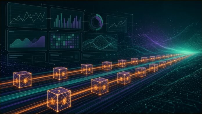 Glowing blocks streaming along rails beneath a translucent dashboard of charts.