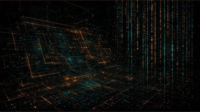 Dark design canvas with layered translucent frames stacking into glowing code-like rails of light