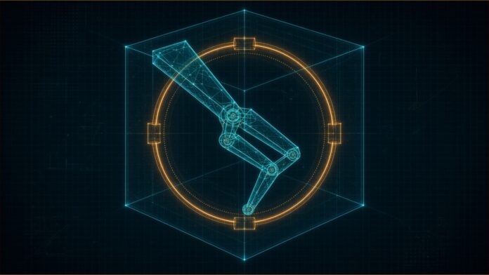 Illustration of an abstract wireframe jointed limb locked inside a translucent cube ringed in amber on a dark grid