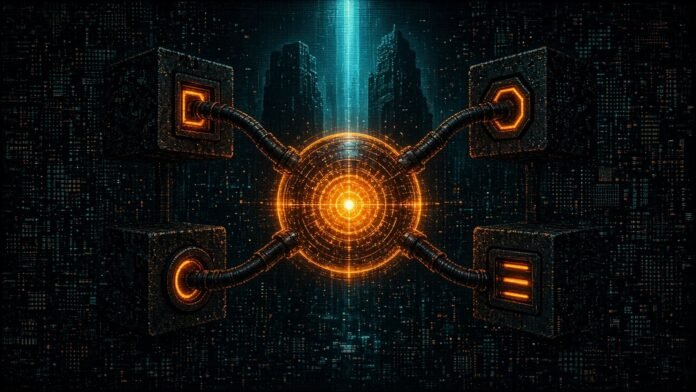 Illustration of a glowing amber energy core wired into four differently shaped sockets on dark blocks, with cyan-lit towers behind.