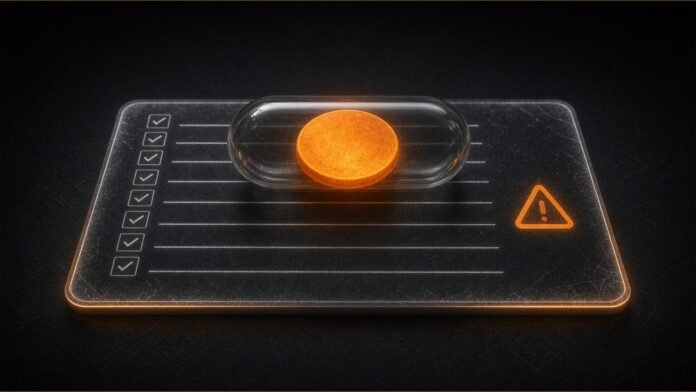 FINMA Approves Switzerland's First Bitcoin ETF | TSN Illustration of a glowing orange coin sealed in a clear capsule on a checklist panel beside a warning triangle.