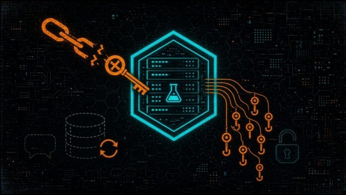 Symbol-only illustration of a server rack with a flask glyph, a broken chain and skeleton key entering it, hooked keys drifting out toward an open padlock, and an untouched dashed database cylinder with a rotation arrow at the lower left.