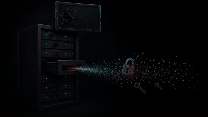 Illustration of data fragments streaming out of an open server drawer.