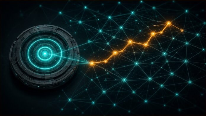 A scanning core tracing one amber path through a web of teal transaction links.