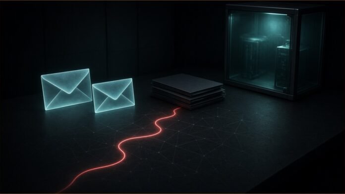 Illustration of two glowing envelopes and a stack of folders on a dark desk, with a thin red line snaking towards them and a sealed glass cabinet behind