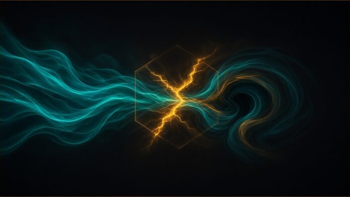DNS Hijack at Flap and Kintsu Served a Wallet Drainer | TSN Illustration of DNS hijack concept in teal and amber: a flowing stream of teal light crossed by a jagged amber fracture inside a thin amber hexagon outline, with the stream bending into a dark swirling vortex on the right.