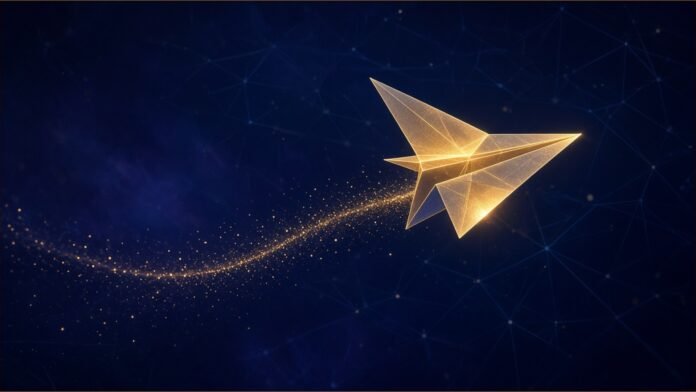 Illustration of a glowing golden origami paper aeroplane soaring through a dark sky of faint network lines, trailing light particles
