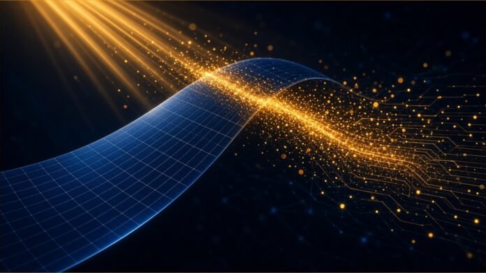 Illustration of a thin dark-blue flexible solar film curving through space as beams of light turn into amber energy particles