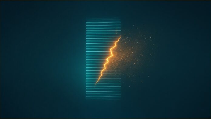 Florida Financial Aid Breach May Hit 4.9m People | TSN Illustration of Florida financial aid breach concept in teal and amber: a tall stack of thin teal light lines split by a jagged amber crack, with fine amber particles spilling out to the right.