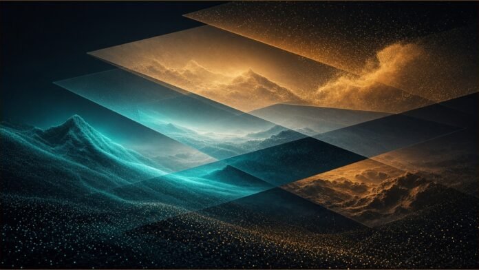 Illustration: a canvas divided by glowing bounding boxes, each filling with a different painted fragment (a fox, a bench, snowy pines), noise dissolving into image from edge to centre, violet and teal.