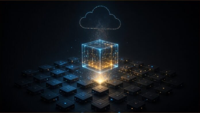 Illustration of a glowing container cube rising from a grid of server nodes toward a cloud.