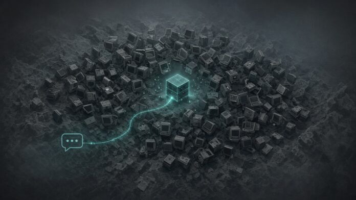 Illustration of a chat bubble linked by a thin line to a glowing cube among many small computers. Not a screenshot of Flux.
