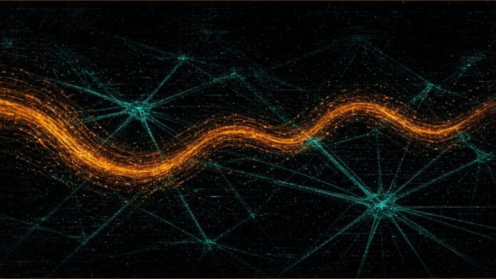 Fortescue Signs PLS as First Green Grid Power Customer | TSN Illustration of an amber current of light flowing along a teal lattice.