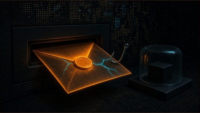 Passport Phishing: Foundation Revokes Cloudflare Keys | TSN Illustration of a glowing amber sealed envelope with cyan cracks and a small hook sliding out of a dark server slot, beside a dark block under a glass dome