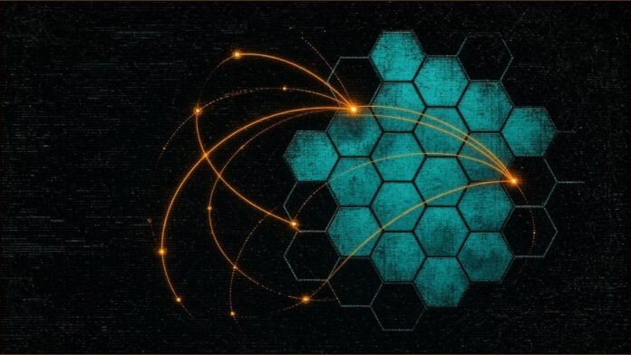 Illustration of teal hexagonal tiles placed into a structure by amber arcs of light.