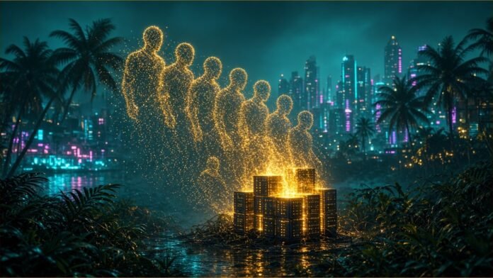 Faceless figures of amber light rising from glowing servers beside a tropical neon city.