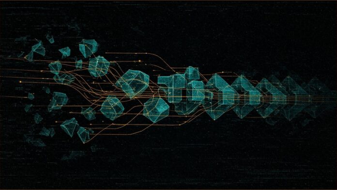 Illustration of teal geometric fragments assembling into a chain guided by amber lines.