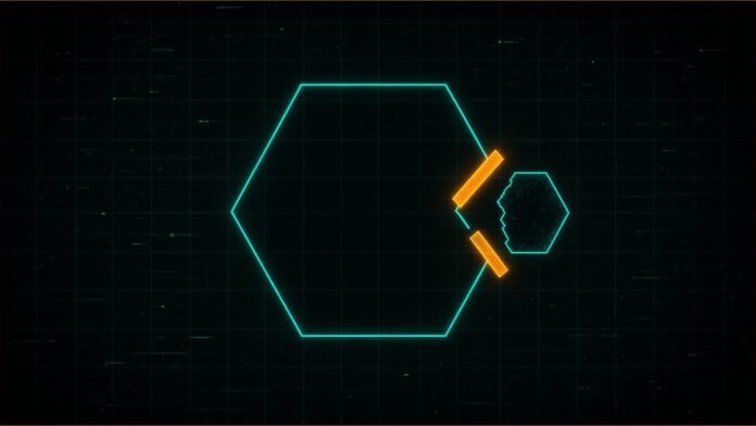 Illustration of a teal hexagon outline with a broken shard joined back by glowing amber seams on a dark grid.
