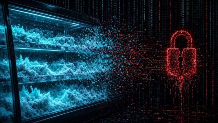 Frosted refrigeration case dissolving into red glitch code beside a cracked padlock