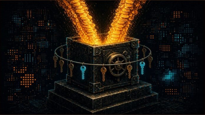 Franklin Adds $150m of sgBENJI on XRP Ledger | TSN Illustration of a heavy vault on a plinth absorbing two streams of glowing tokens, ringed by eight keys with two lit cyan