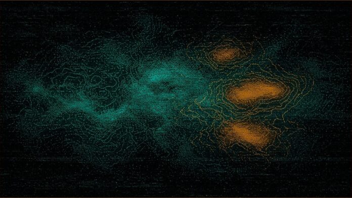 AI Flags Aggressive Prostate Cancer on Biopsy Slides | TSN Illustration of a teal dotted field with a few patches warming to amber, traced by contour lines.