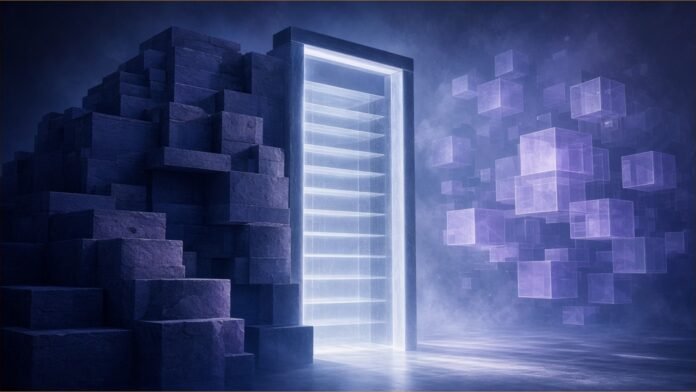 Illustration of a glowing gateway between heavy stone blocks on one side and light floating translucent cubes on the other