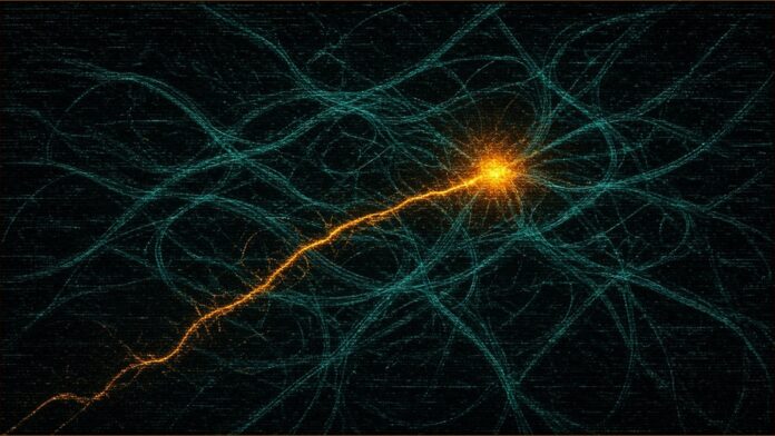 Illustration of an amber path tracing back through tangled teal lines to a glowing point.