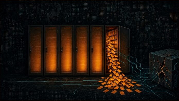 Illustration of a row of amber-lit metal cabinets with one door open and blank amber cards spilling out, teal lines running to a cracked box