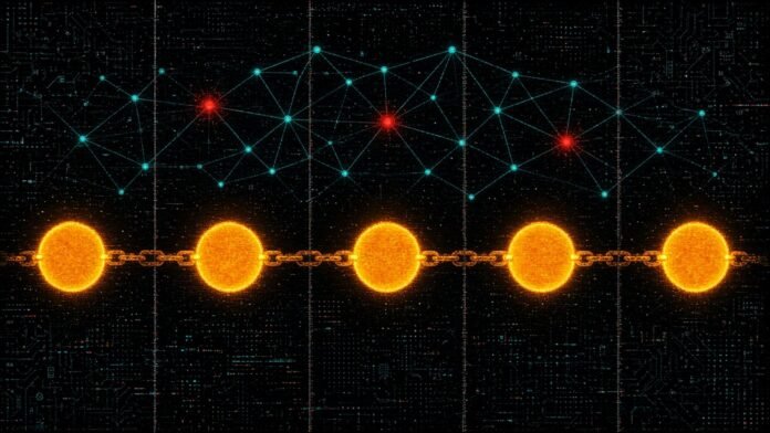 FSB's Bailey Warns G20 on AI and Stablecoin Oversight Gaps Symbol-only illustration of glowing orange discs linked by a chain across separate dark panels, under a cyan network lattice with three nodes flashing red.