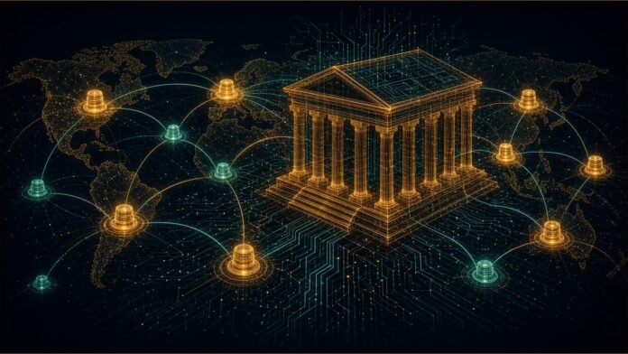 Twelve glowing tiles in two rows over a stylised globe of financial network lines