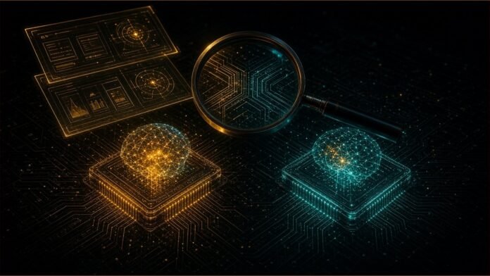 FTC Sends Investigative Demands to OpenAI and Anthropic Two glowing neural network spheres facing a tall stack of sealed documents bound by a ribbon of light
