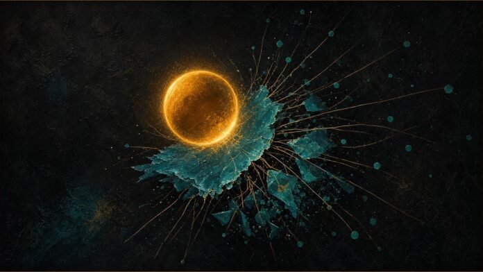 Illustration of an amber orb over teal shards tied by thin amber threads.