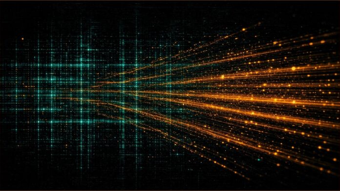 Illustration of a teal grid of light pulses with amber streams accelerating through it.