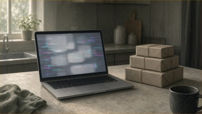 Furusato Choice Data Breach: 4.45m Records at Risk | TSN Illustration of a laptop with a blurred screen beside wrapped parcels on a kitchen table