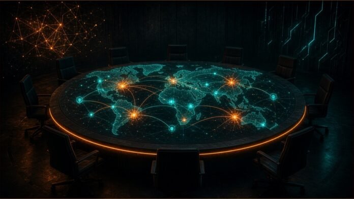 Seven glowing seats around a round table with a holographic map of linked bank vault icons.