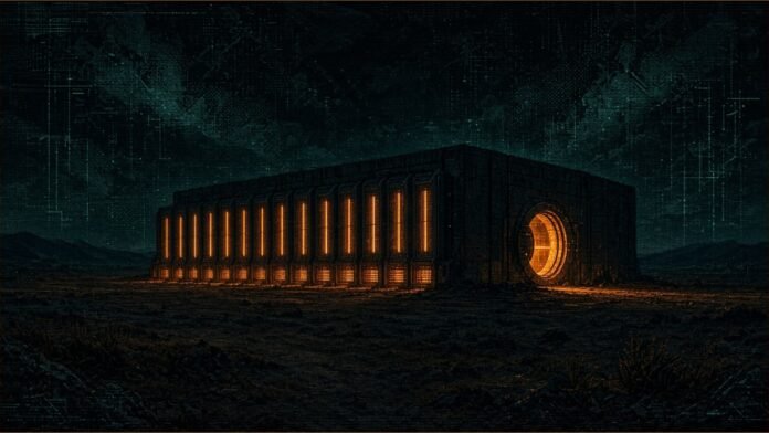 Galaxy Posts $323m Q3 Profit as Data Centres Grow | TSN Illustration of a large data centre at night with glowing cooling units and a half-open vault door