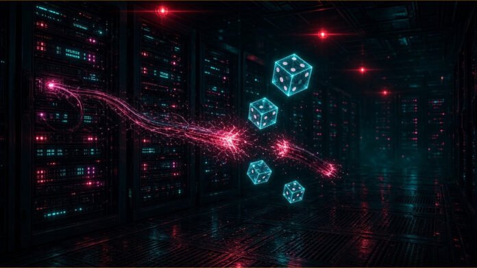 Gamdom Takes Systems Offline After Dark server rack with one glowing unauthorised cable snaking in from outside, its power lights switched off