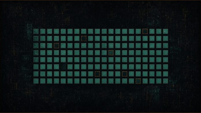 Illustration of GCHQ removable media concept in teal and amber: a grid of teal squares with several missing, their empty places outlined in amber.