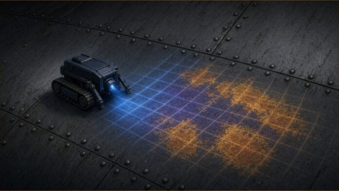 Gecko Robotics Navy Contract Ceiling Rises to $300m | TSN Illustration of a small tracked inspection robot projecting a corrosion heatmap grid across a riveted steel hull.