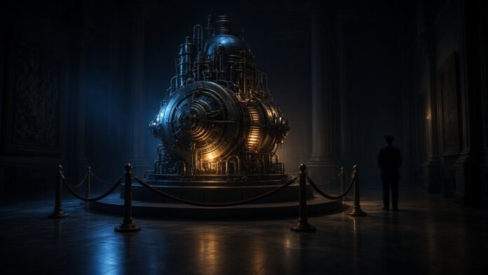 Glowing powerful machine behind a velvet rope in a dim gallery with a distant guard seen from behind