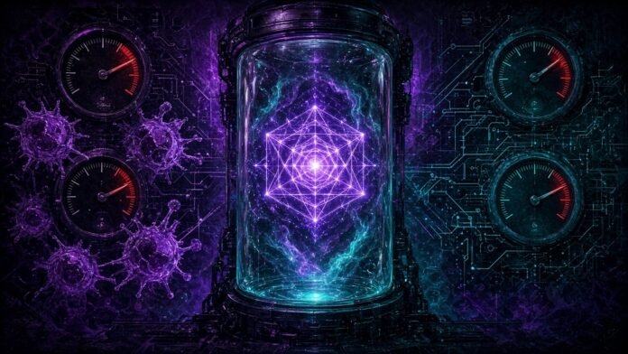 Glowing star-shaped AI core behind a translucent safety barrier with warning glyphs