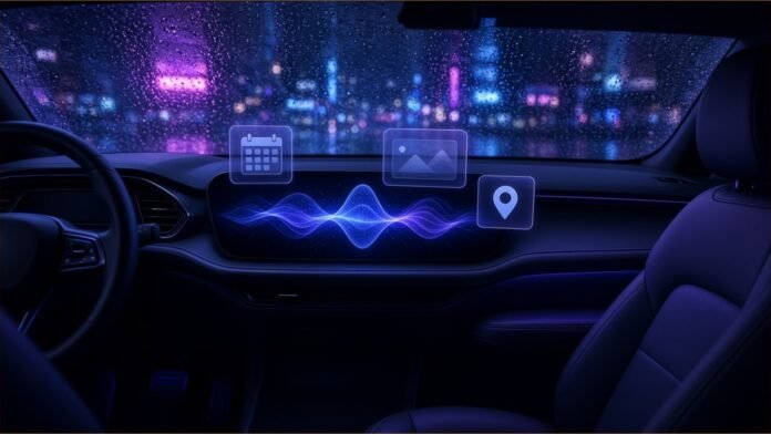 Gemini Personal Intelligence Reaches Android Auto | TSN Illustration of a car dashboard at night with an assistant waveform and floating calendar, photo and location cards