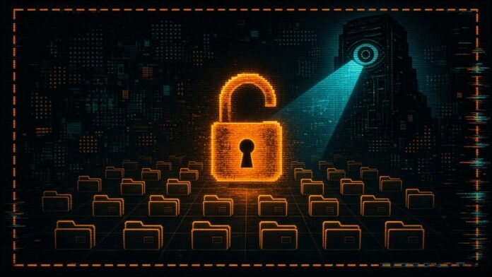 Gemini for Mac Is Testing a Hidden Illustration of a glowing amber open padlock above a grid of folder icons inside a dashed boundary, watched by a surveillance eye casting a cyan beam.