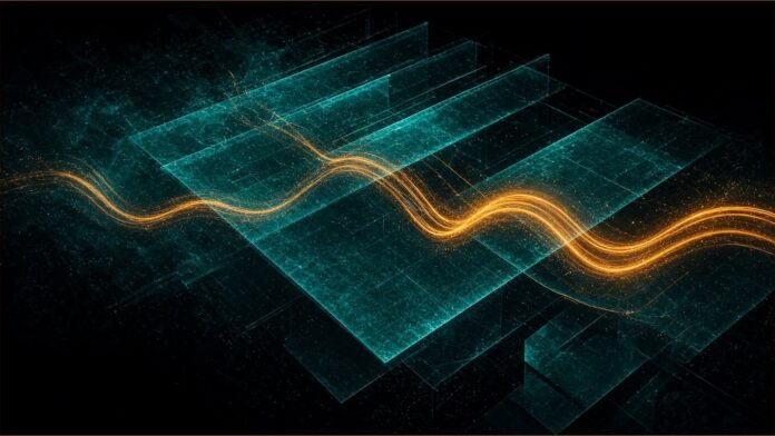 Illustration of Gemini file editing concept in teal and amber: stacked translucent teal planes with an amber light trail weaving between them.